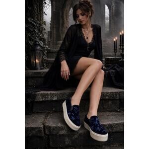 Kenneth Cole Velvet Platform Sneakers Womens 7 Navy Embroidered Slip On Goth